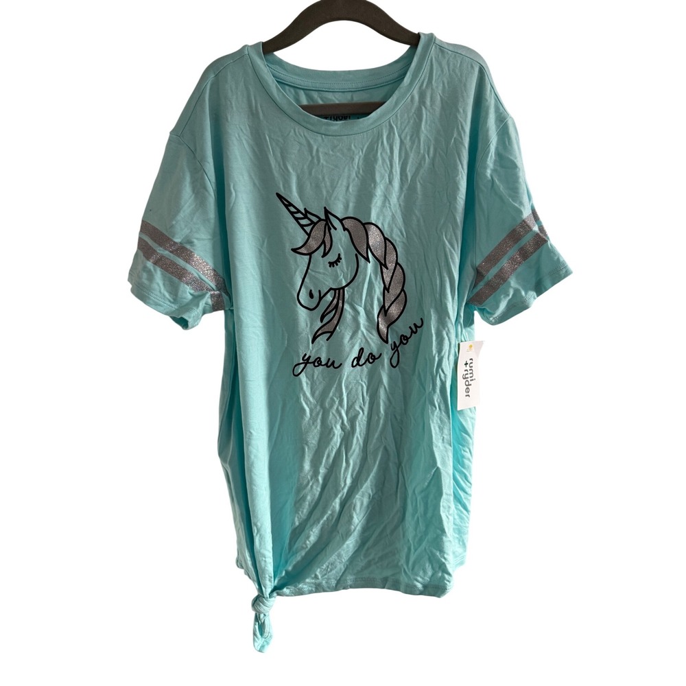Rumi Ryder Girls Turquoise Unicorn Graphic Tee Shirt Size L 12‎ 14 Sparkle